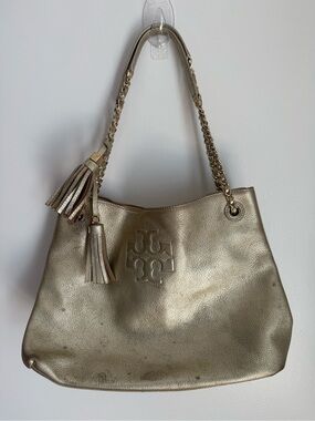 Tory Burch Metallic Gold Leather Shoulder Bag with Tassels